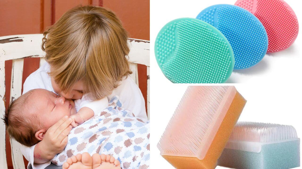 Child Holding a Baby and Cradle Cap Brushes