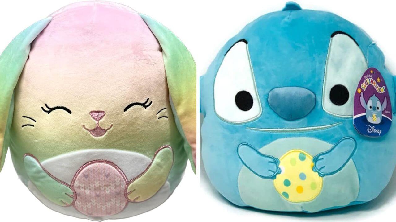 Squishmallows holding decorated Easter eggs.