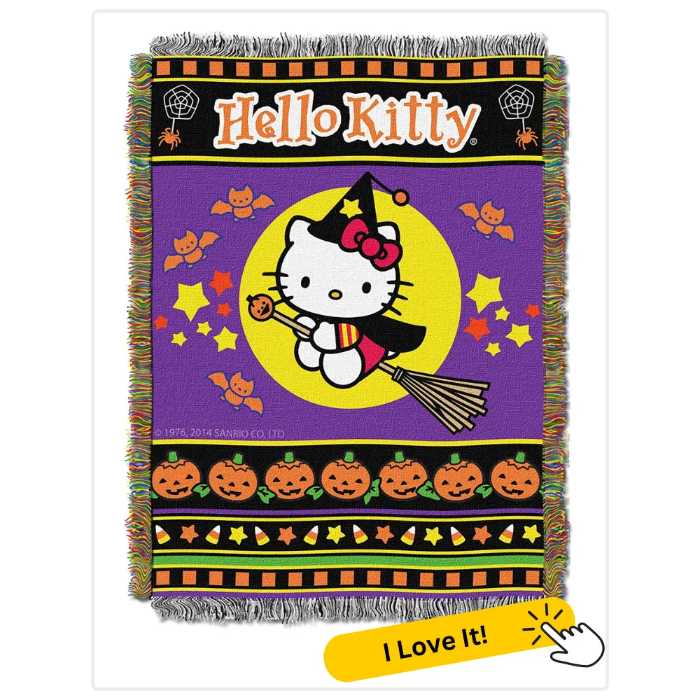 SANRIO Hello Kitty, "Witchy Kitty" Woven Tapestry Throw Blanket, 48" x 60"