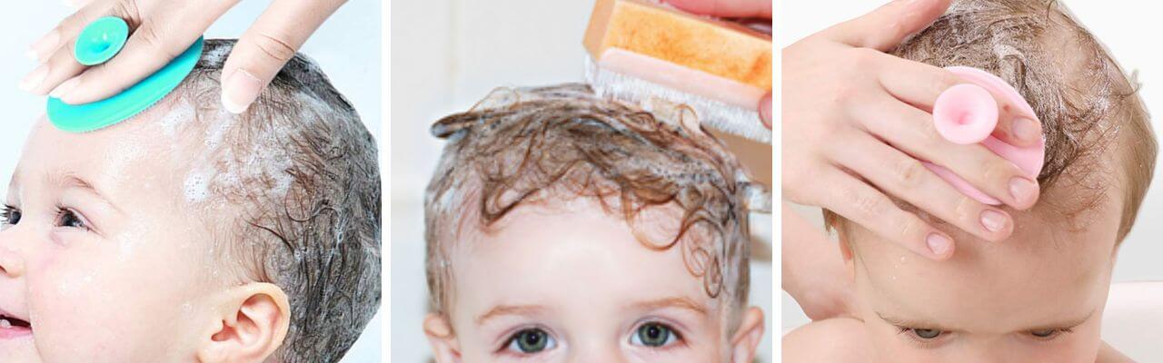 Lathering baby's scalp with a cradle cap brush