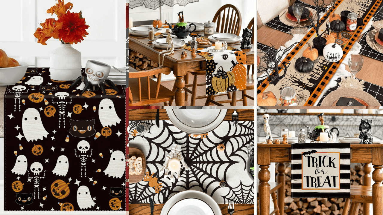 Decorated Halloween Tables with Runners